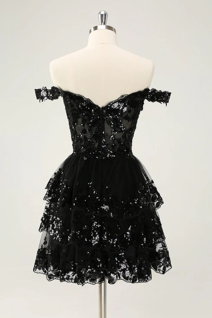 Weitese Dress Sparkly Black A Line Off The Shoulder Corset Tiered Lace Short Homecoming Dress Sleeveless Party Dress